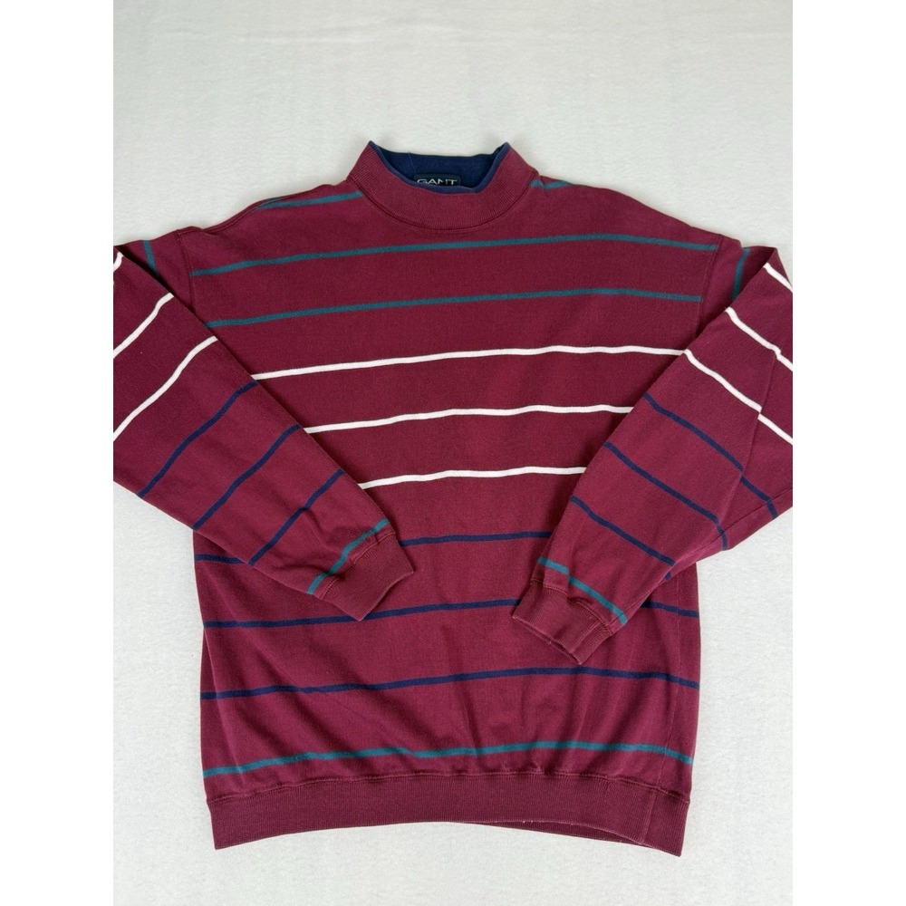 Vintage Gant Rugger Sweatshirt Mens‎ Medium Burgundy Striped Mock Neck Rugby 90s